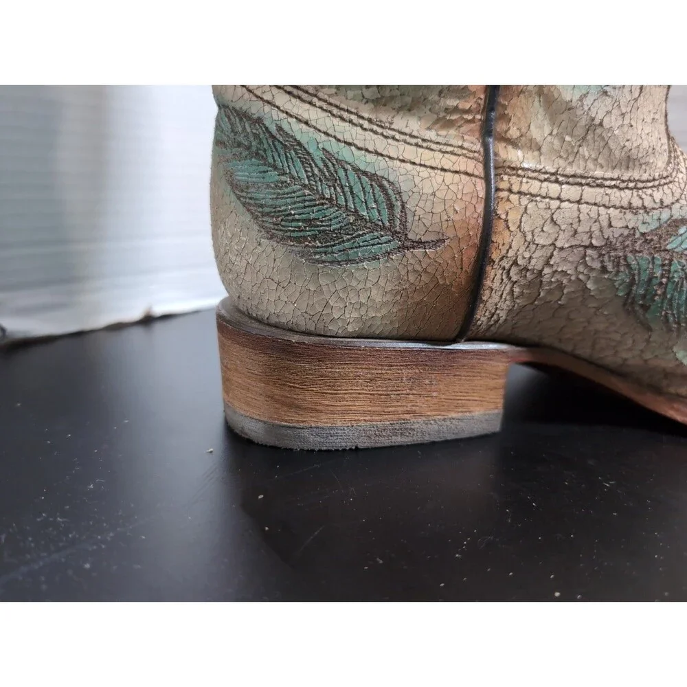 CORRAL SAND/TEAL   CRACKEL & FEATHER SQUARE TOE COWBOY BOOT MEN'S SIZE 12M EUC